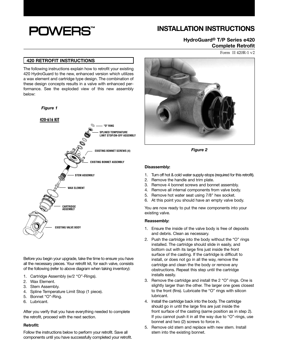 Powers e420 Series Combination T/P Tempering Valves - Cartridge (420-616) User Manual | 2 pages