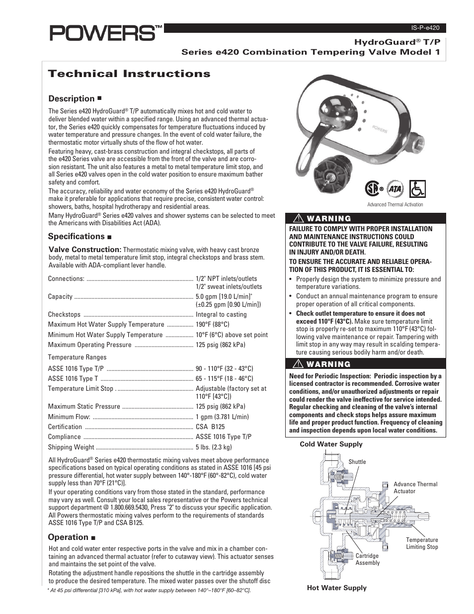 Powers e420 Series Combination T/P Tempering Valves User Manual | 4 pages