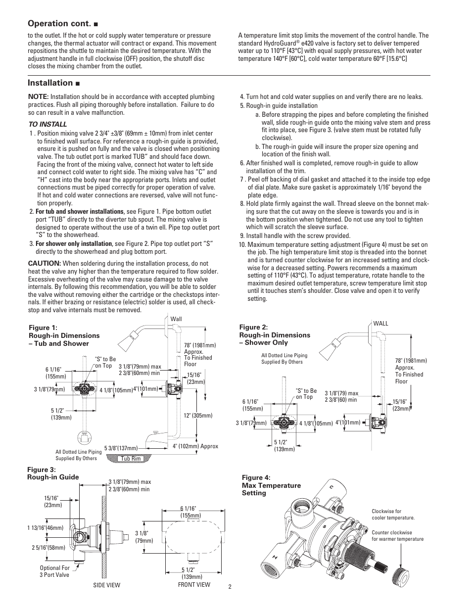 Installation, Operation cont | Powers e420 Series Combination T/P Tempering Valves User Manual | Page 2 / 4