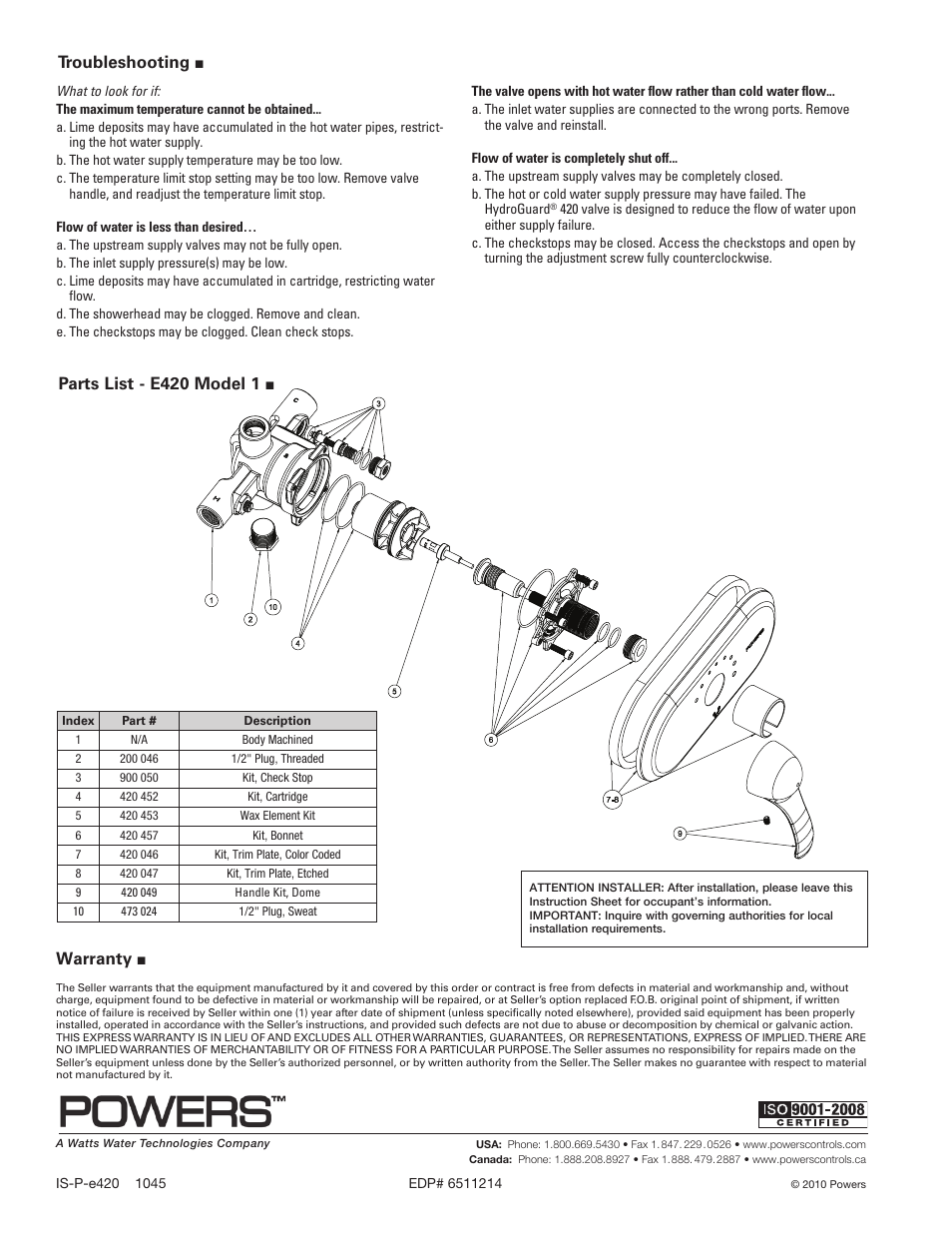 Troubleshooting, Parts list - e420 model 1, Warranty | Powers e420 Series Combination T/P Tempering Valves User Manual | Page 4 / 4