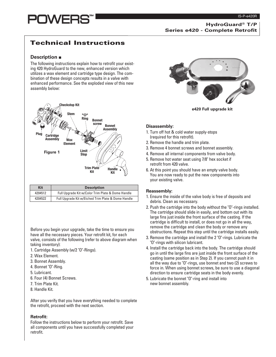 Powers e420 Series Combination T/P Tempering Valves - Cartridge & Trim Upgrade User Manual | 2 pages