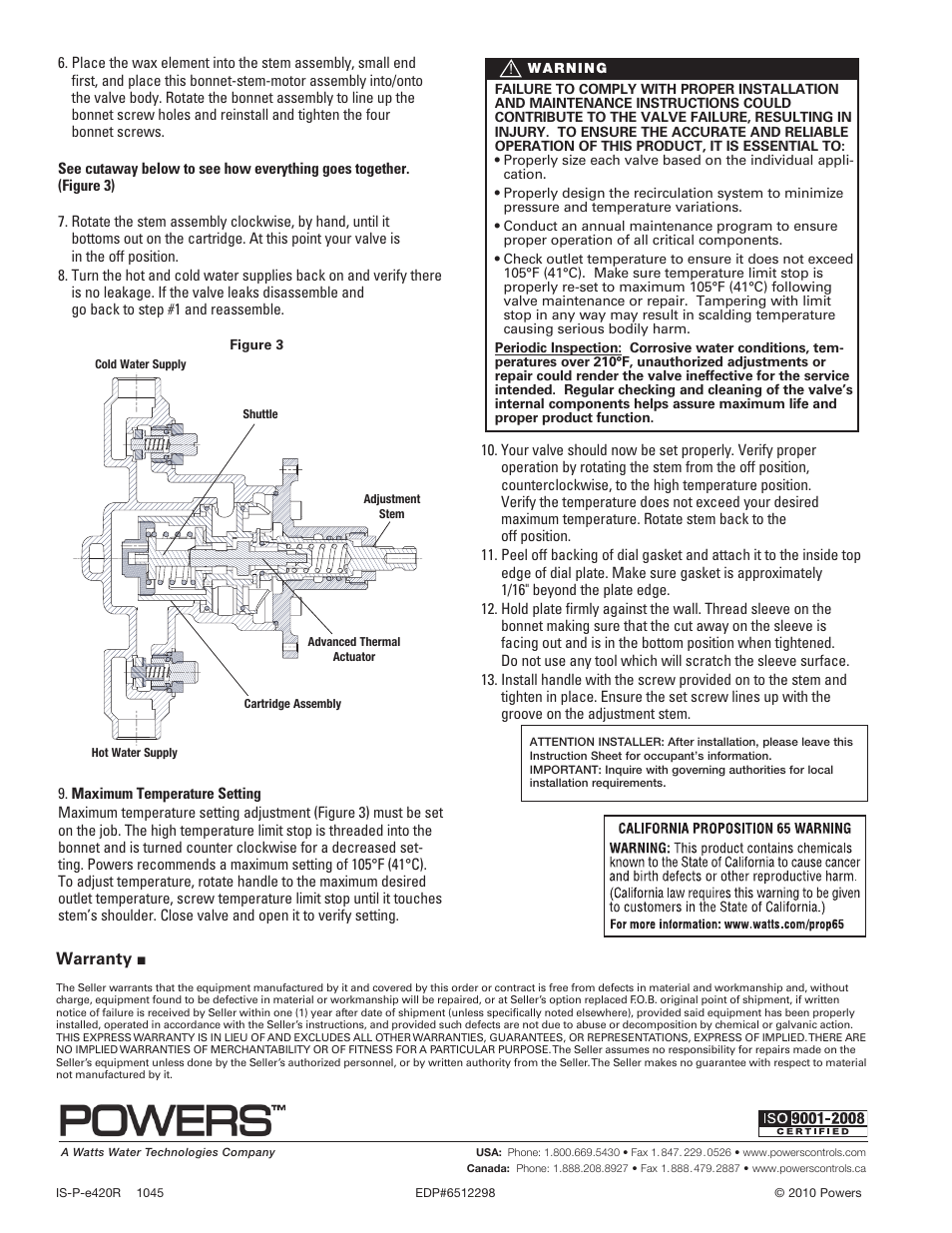Powers e420 Series Combination T/P Tempering Valves - Cartridge & Trim Upgrade User Manual | Page 2 / 2
