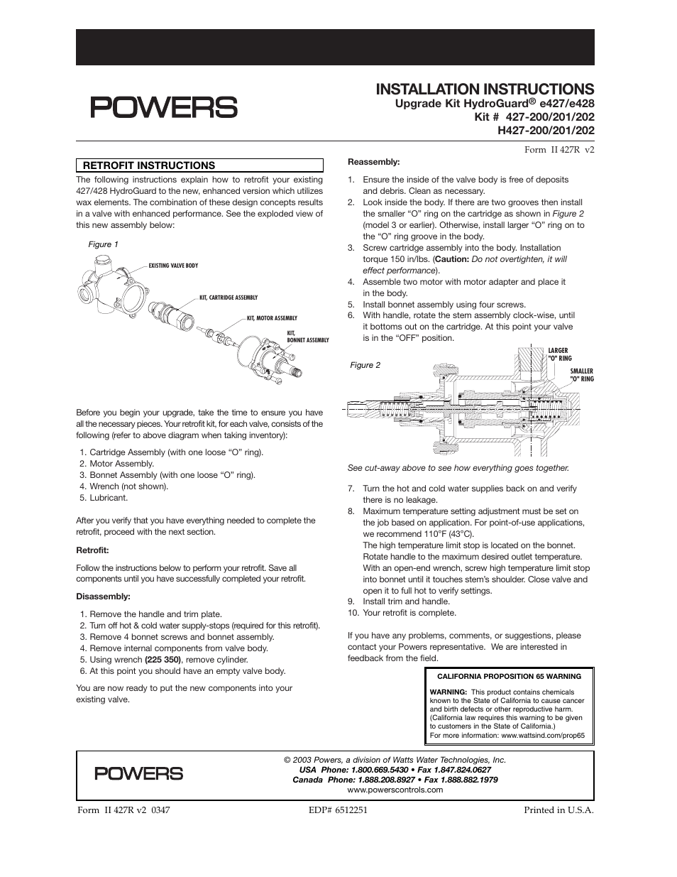 Powers e428 Series Thermostatic Mixing Valves - Upgrade to Paraffin (Wax) User Manual | 1 page