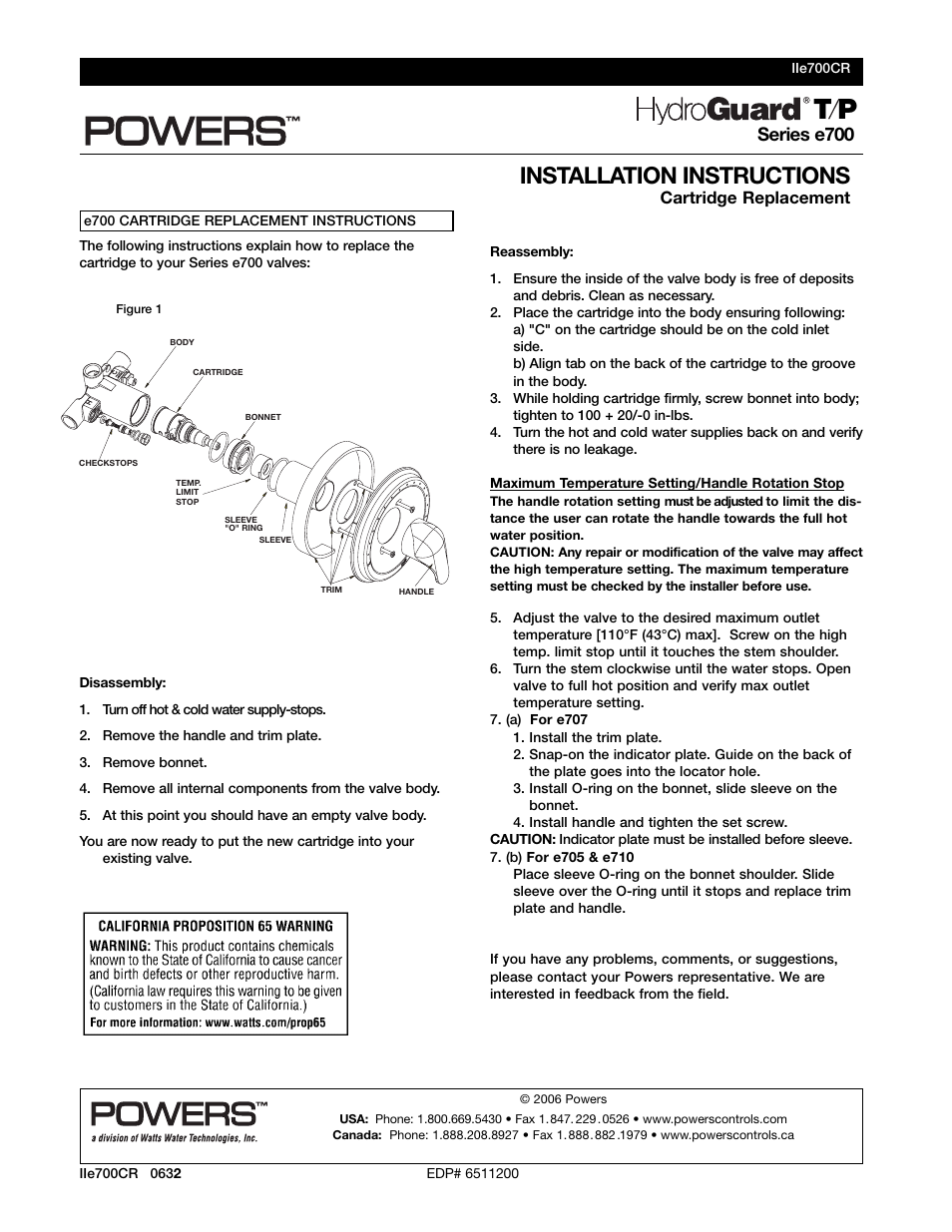 Powers e700 Series Combination T/P Tempering Valves - Cartridge Only User Manual | 1 page