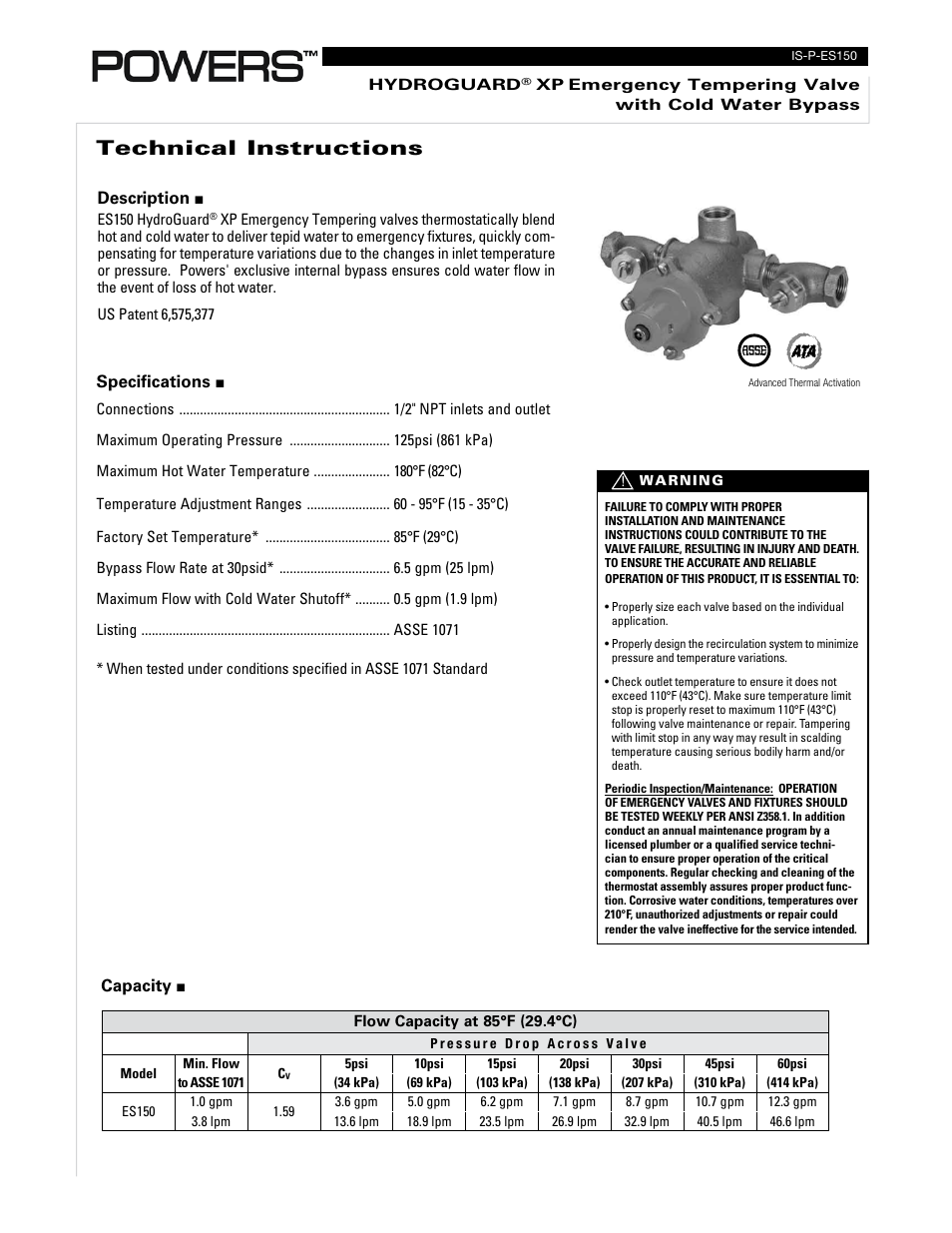 Powers ES150 Emergency Tempering Valves with Internal Cold Water Bypass User Manual | 4 pages