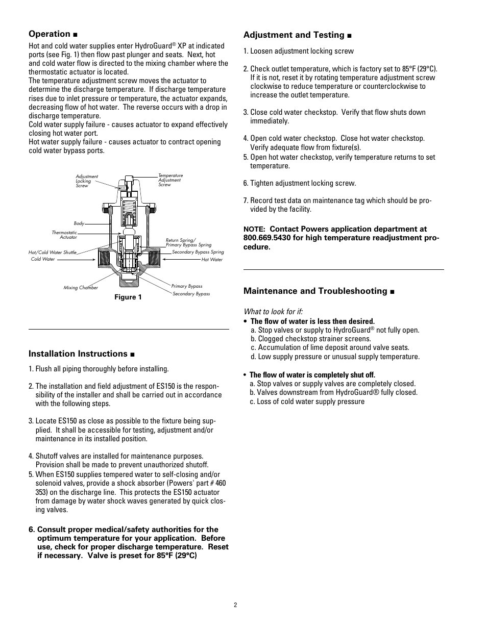 Installation instructions, Adjustment and testing, Maintenance and troubleshooting | Operation | Powers ES150 Emergency Tempering Valves with Internal Cold Water Bypass User Manual | Page 2 / 4