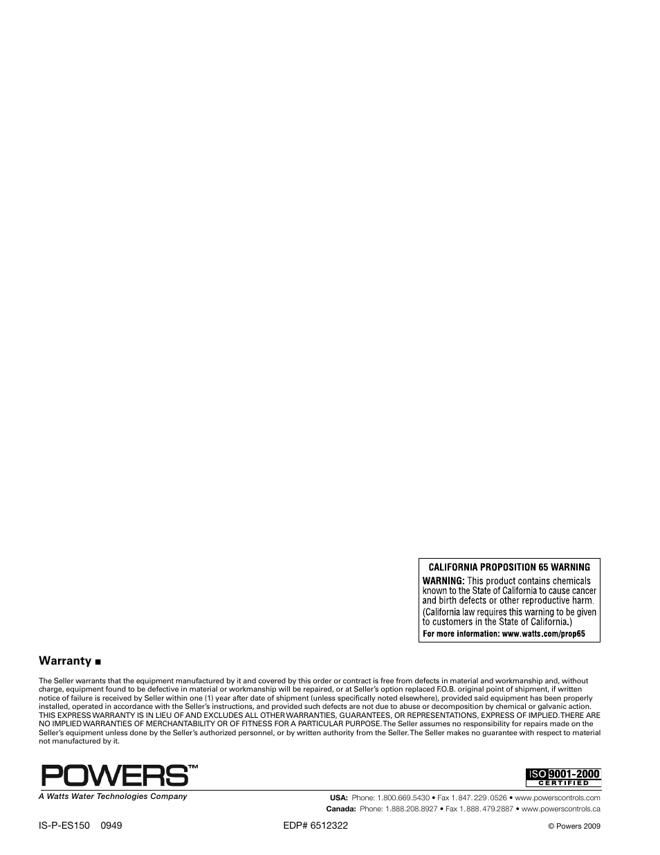 Warranty | Powers ES150 Emergency Tempering Valves with Internal Cold Water Bypass User Manual | Page 4 / 4