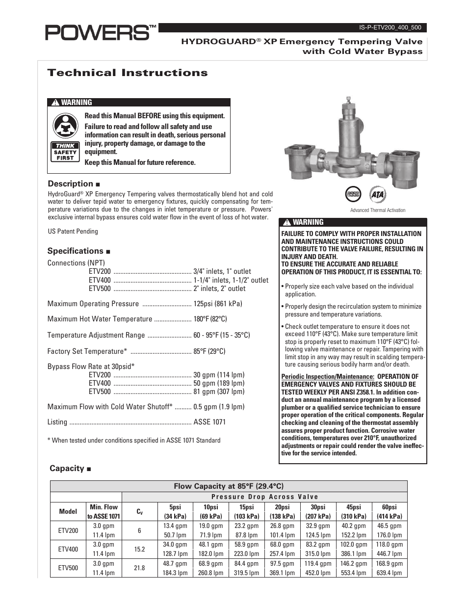 Powers ETV400 Emergency Tempering Valves with Internal Cold Water Bypass User Manual | 4 pages
