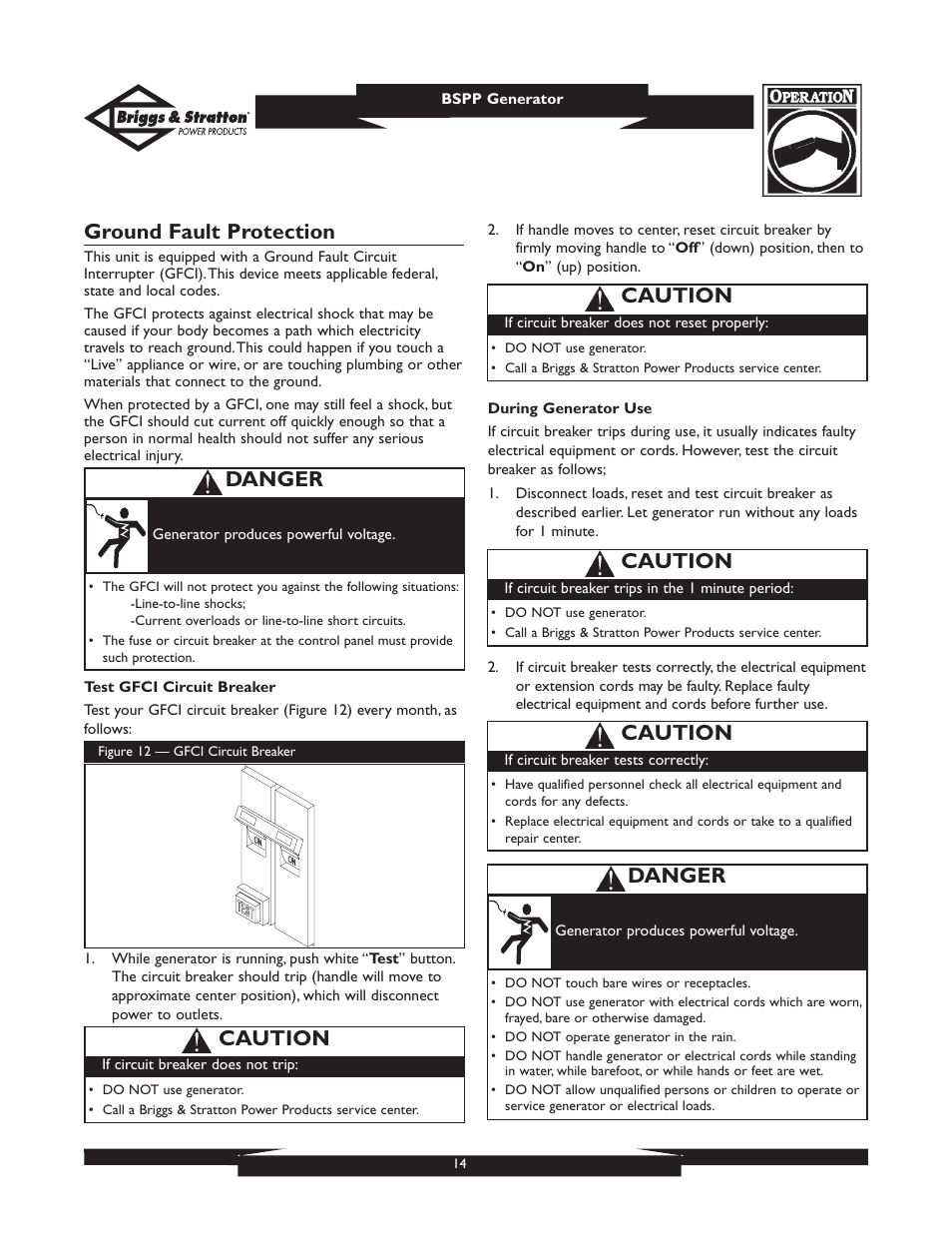 Ground fault protection, Danger, Caution | Briggs & Stratton PRO6500 User Manual | Page 14 / 56