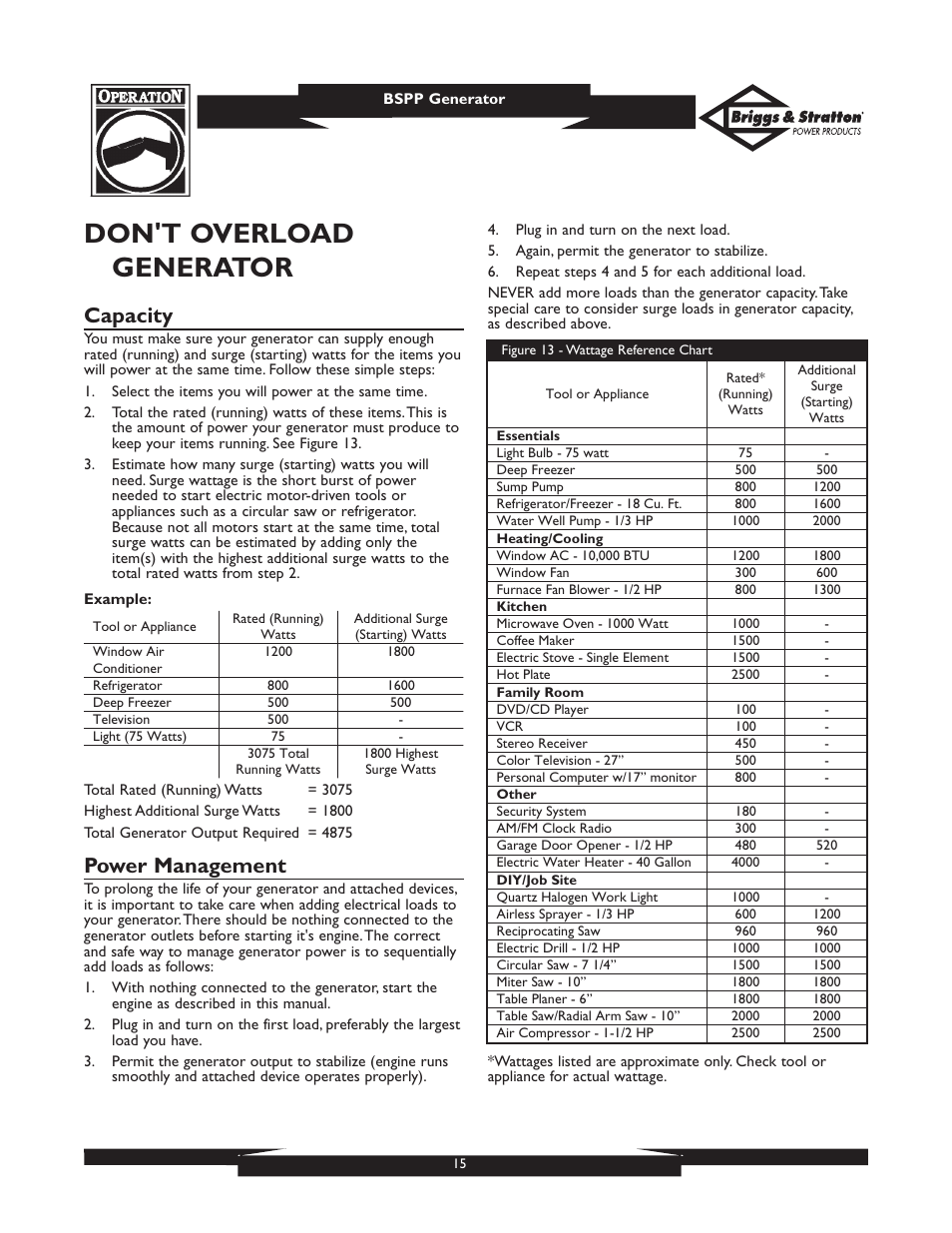 Don't overload generator, Capacity, Power management | Briggs & Stratton PRO6500 User Manual | Page 15 / 56