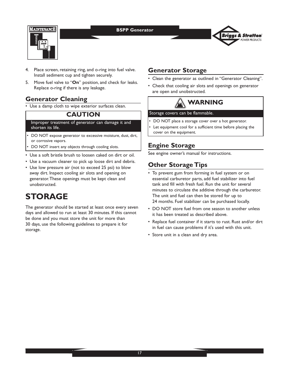 Storage, Generator cleaning, Generator storage | Engine storage, Other storage tips, Warning, Caution | Briggs & Stratton PRO6500 User Manual | Page 17 / 56