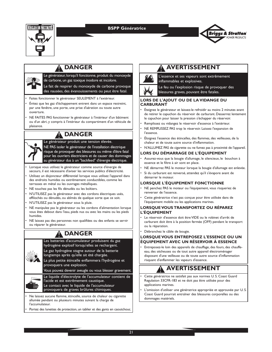 Danger, Avertissement | Briggs & Stratton PRO6500 User Manual | Page 21 / 56