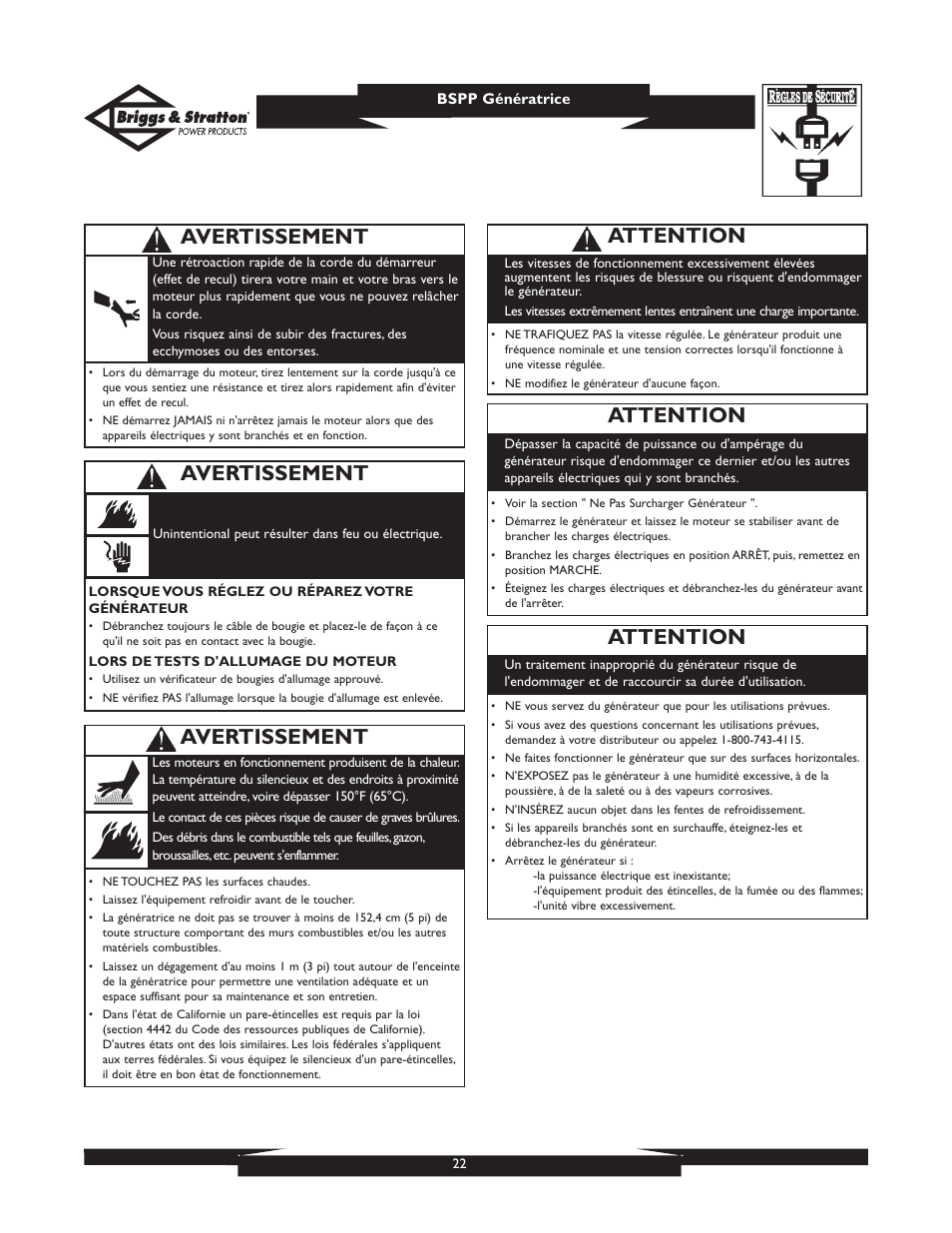 Attention, Avertissement | Briggs & Stratton PRO6500 User Manual | Page 22 / 56