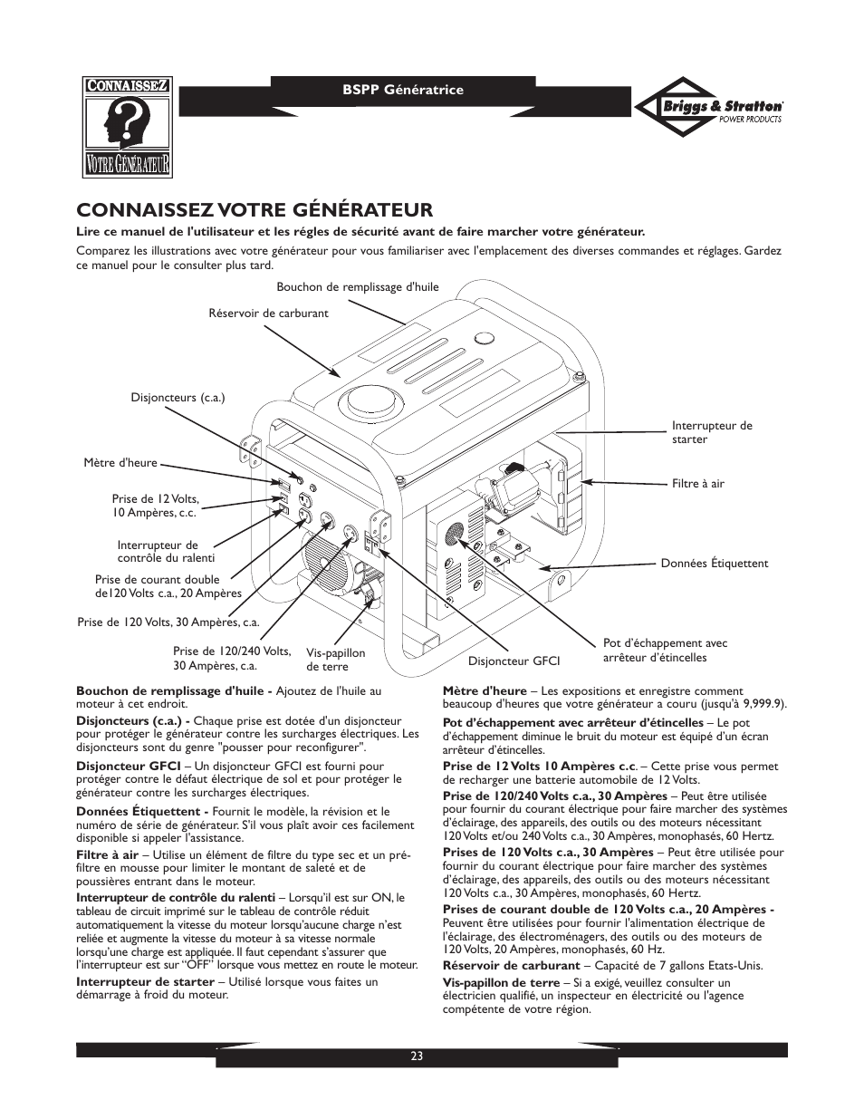 Connaissez votre générateur | Briggs & Stratton PRO6500 User Manual | Page 23 / 56