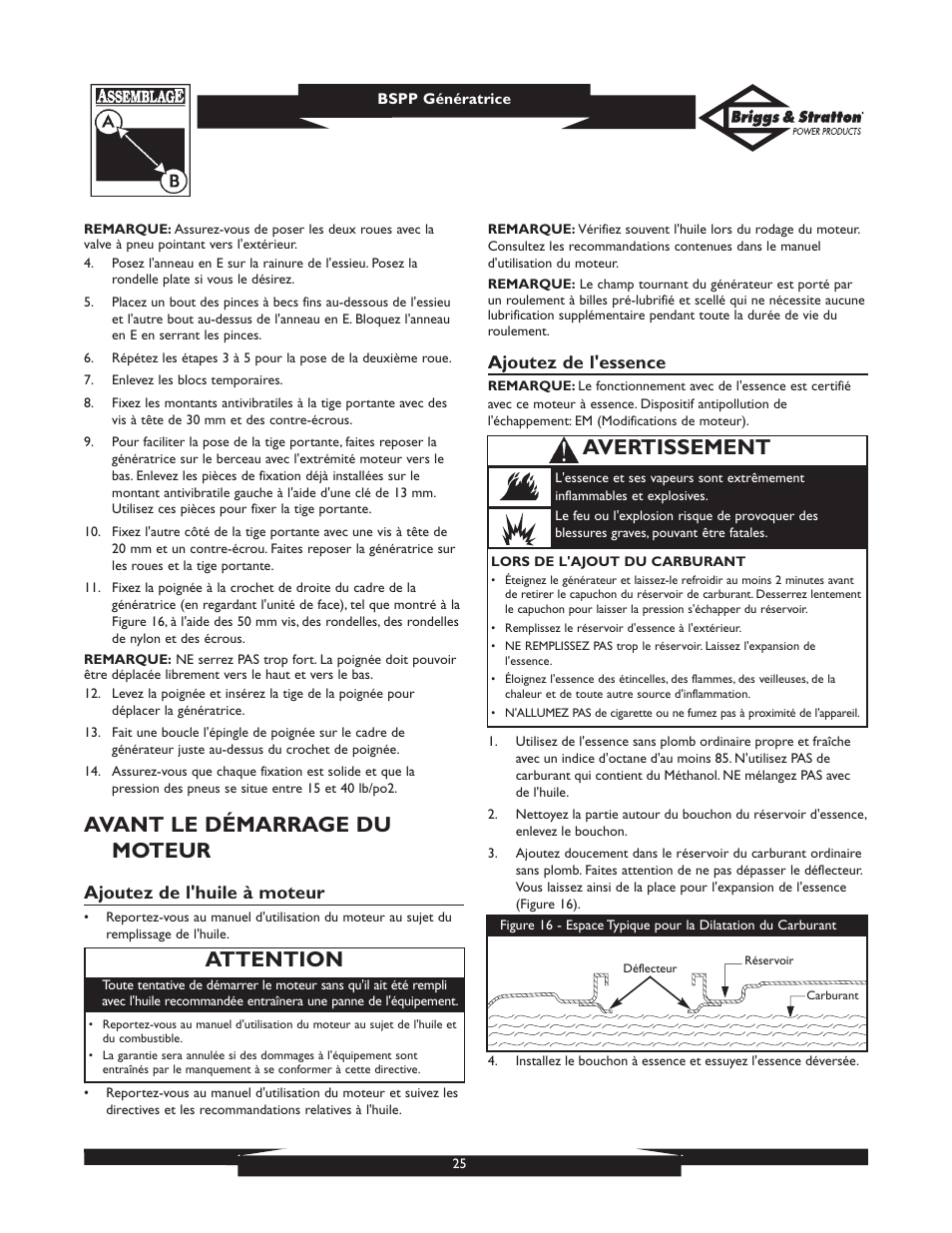 Avant le démarrage du moteur, Attention, Avertissement | Ajoutez de l'huile à moteur, Ajoutez de l'essence | Briggs & Stratton PRO6500 User Manual | Page 25 / 56