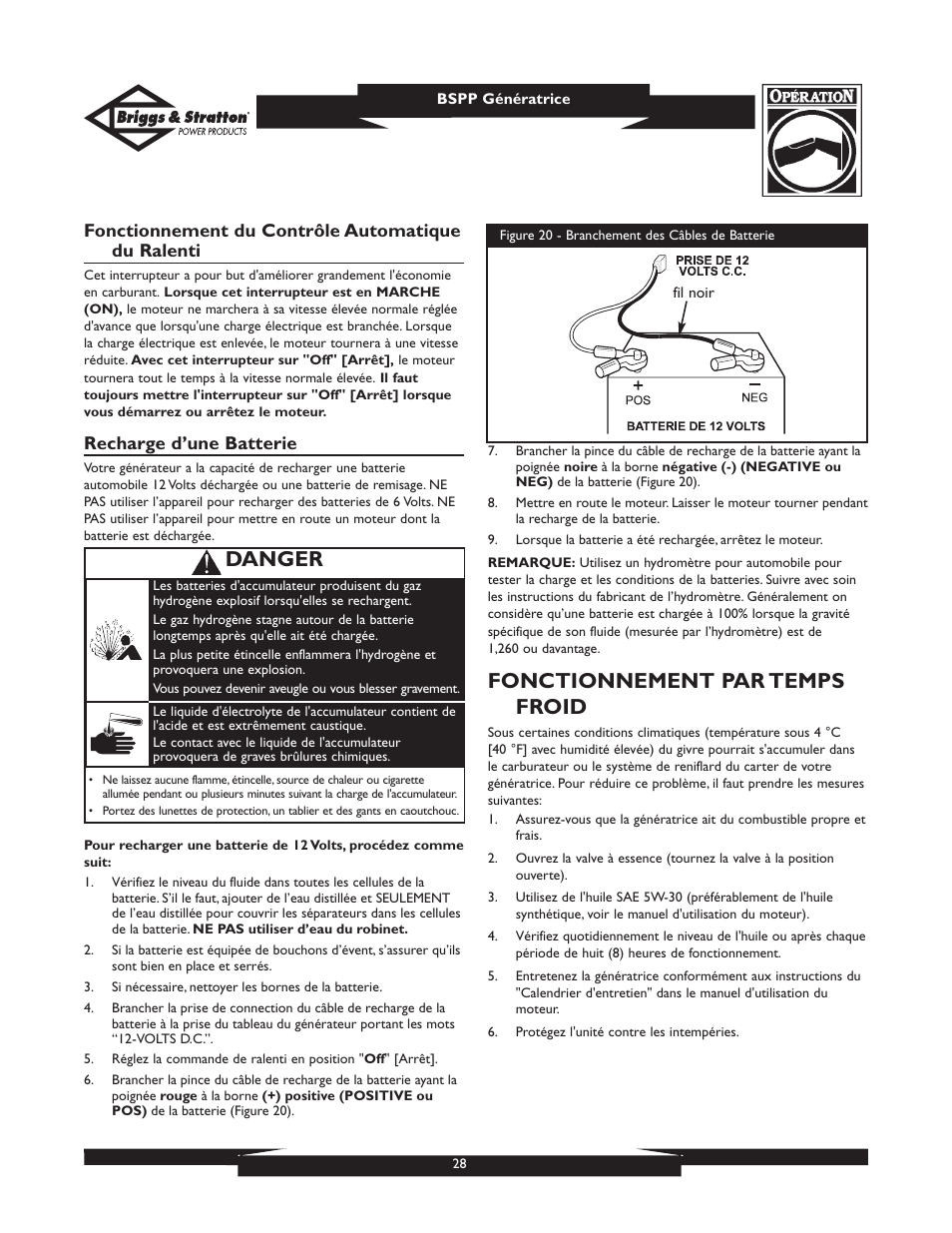 Fonctionnement par temps froid, Danger | Briggs & Stratton PRO6500 User Manual | Page 28 / 56