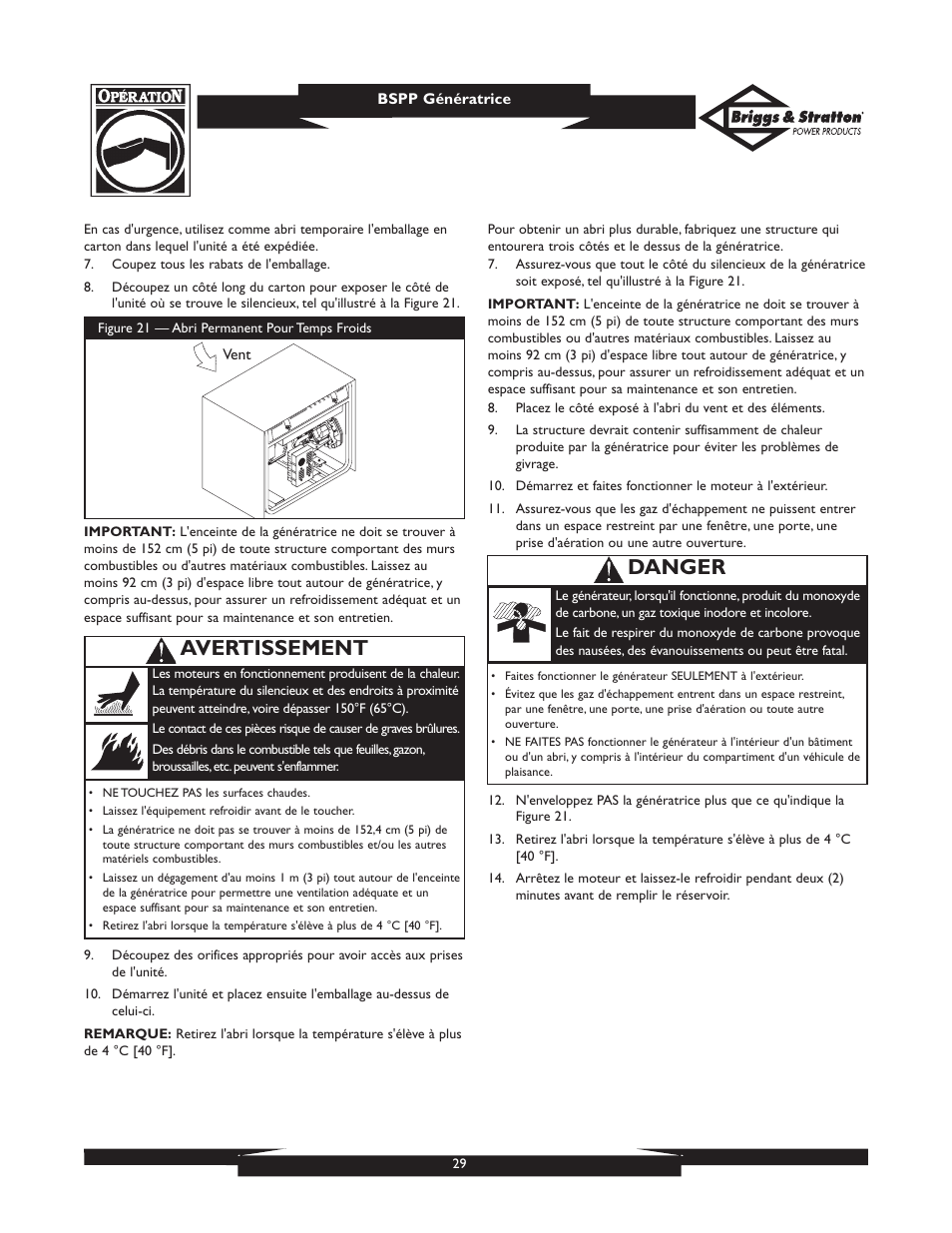 Avertissement, Danger | Briggs & Stratton PRO6500 User Manual | Page 29 / 56