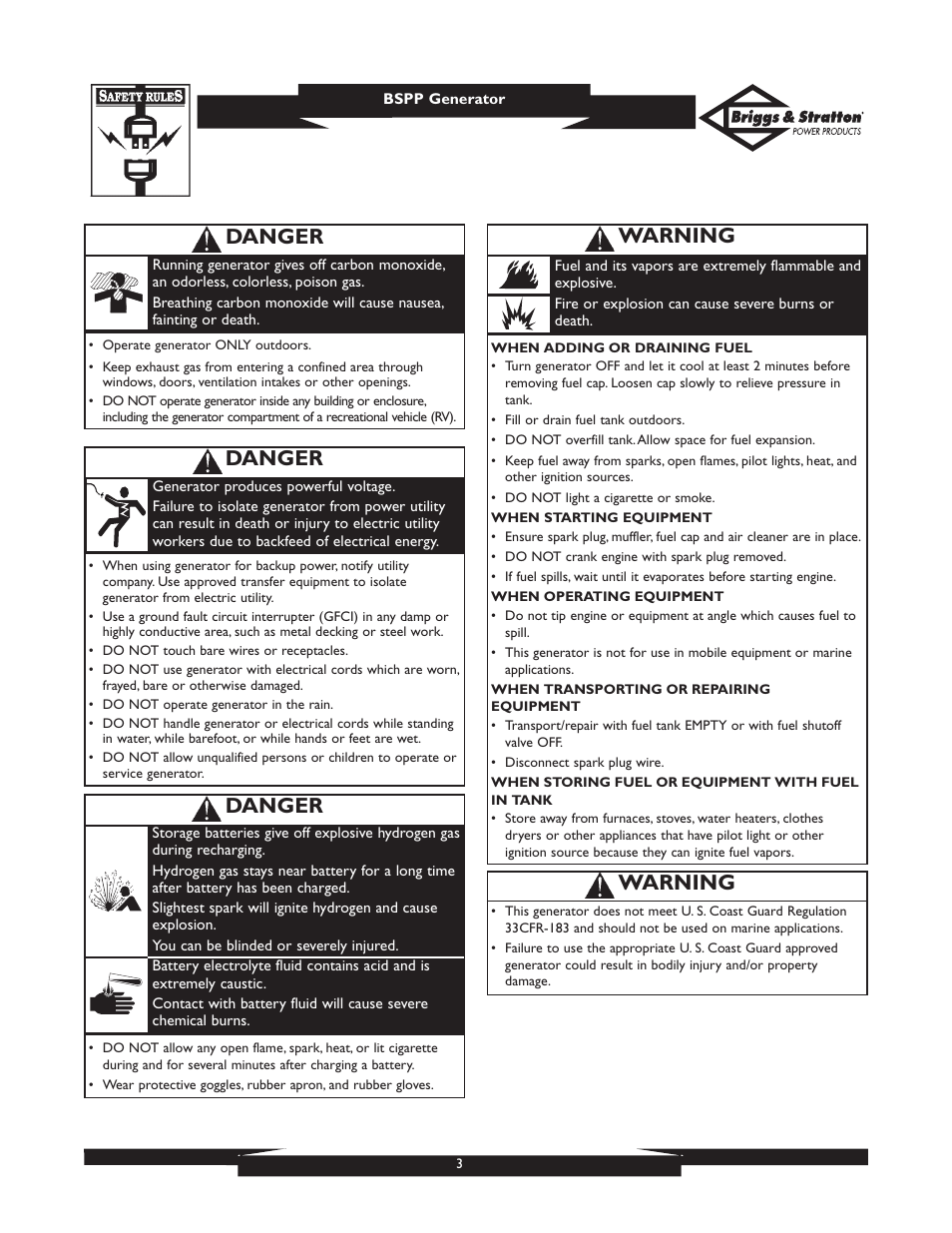 Danger, Warning | Briggs & Stratton PRO6500 User Manual | Page 3 / 56