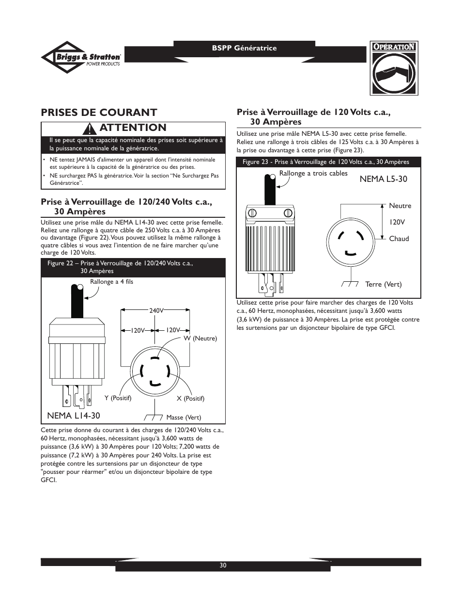 Prises de courant, Attention | Briggs & Stratton PRO6500 User Manual | Page 30 / 56