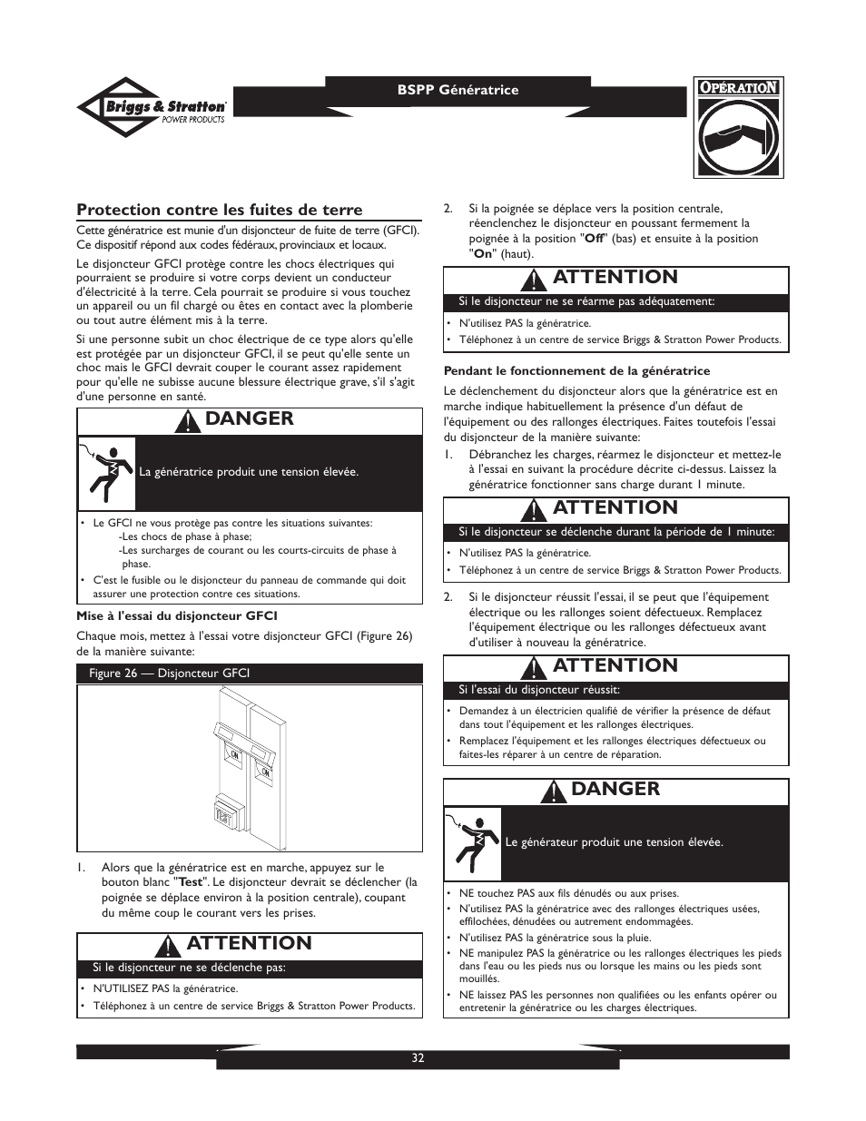 Danger, Attention, Protection contre les fuites de terre | Briggs & Stratton PRO6500 User Manual | Page 32 / 56