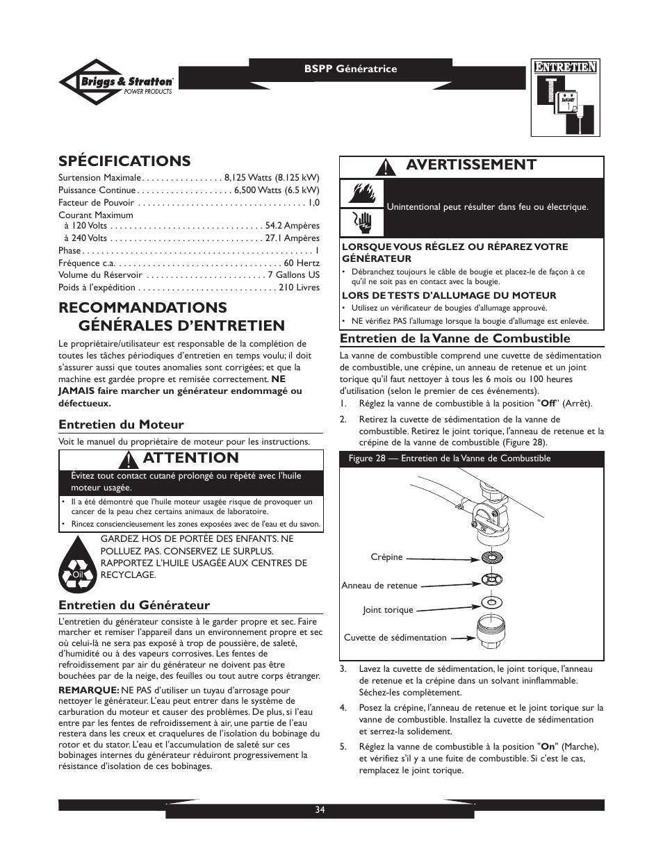 Spécifications, Recommandations générales d’entretien, Attention | Avertissement | Briggs & Stratton PRO6500 User Manual | Page 34 / 56