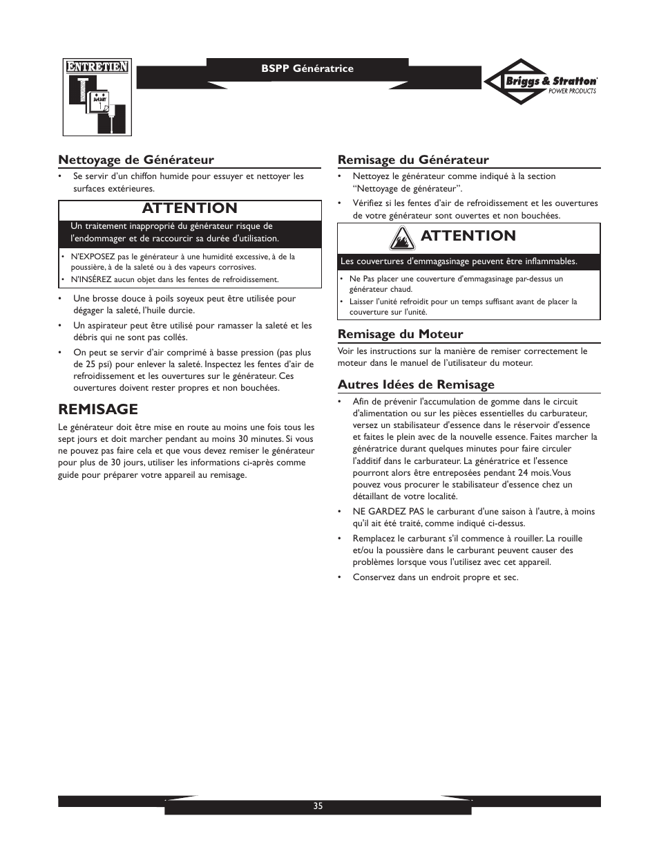 Remisage, Attention | Briggs & Stratton PRO6500 User Manual | Page 35 / 56