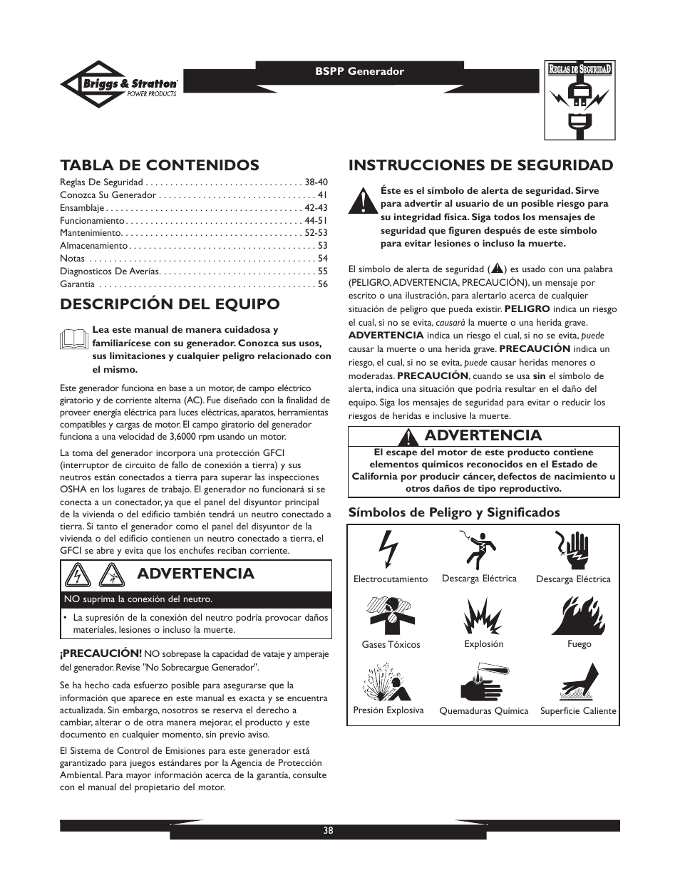 Briggs & Stratton PRO6500 User Manual | Page 38 / 56