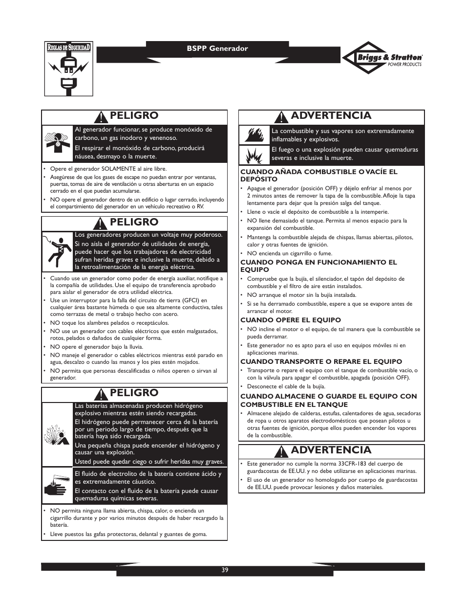 Peligro, Advertencia | Briggs & Stratton PRO6500 User Manual | Page 39 / 56