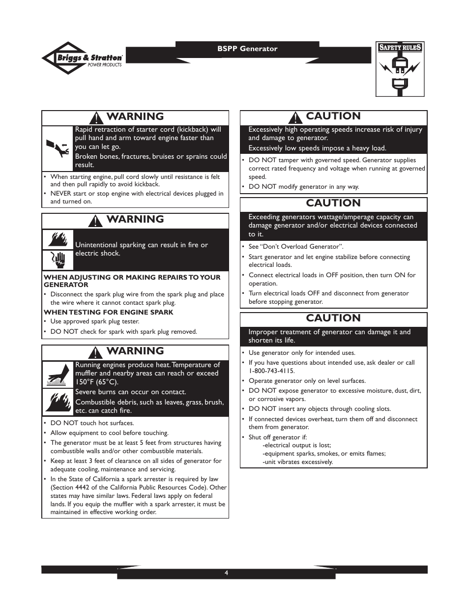 Caution, Warning | Briggs & Stratton PRO6500 User Manual | Page 4 / 56