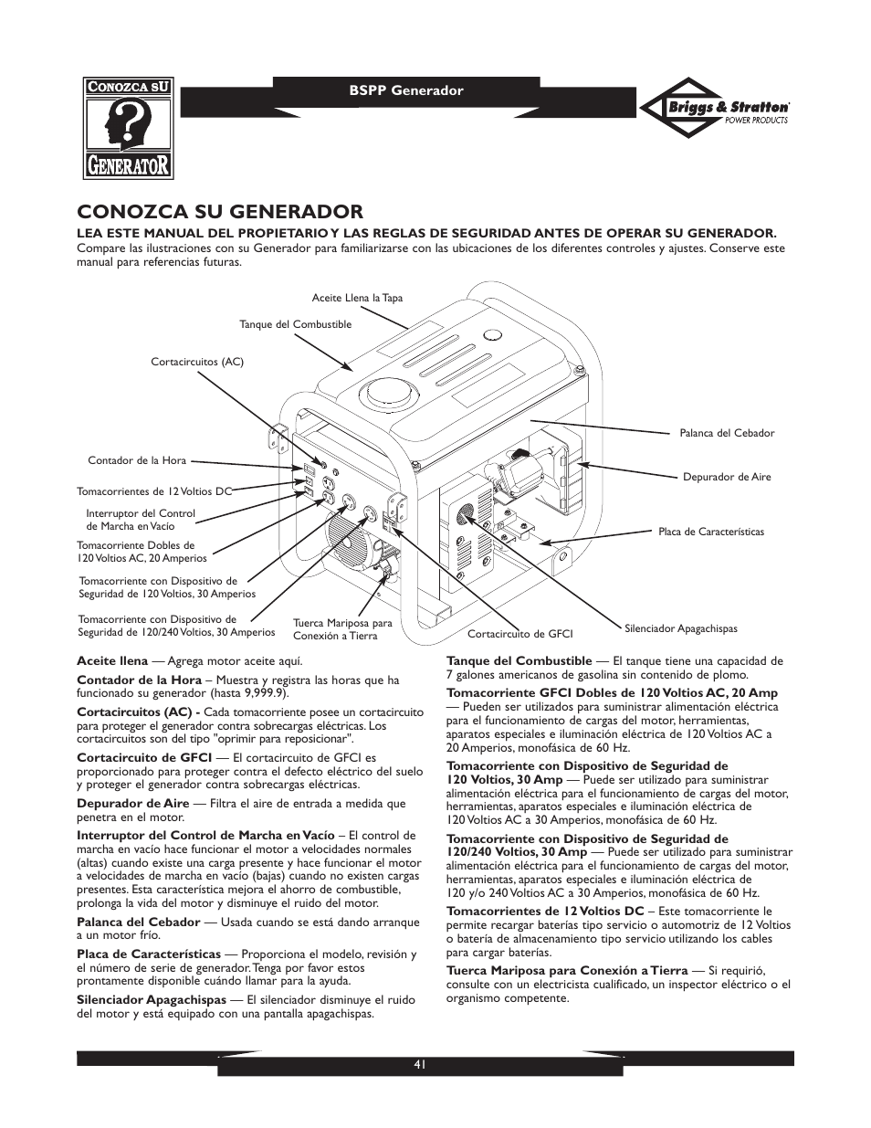 Conozca su generador | Briggs & Stratton PRO6500 User Manual | Page 41 / 56