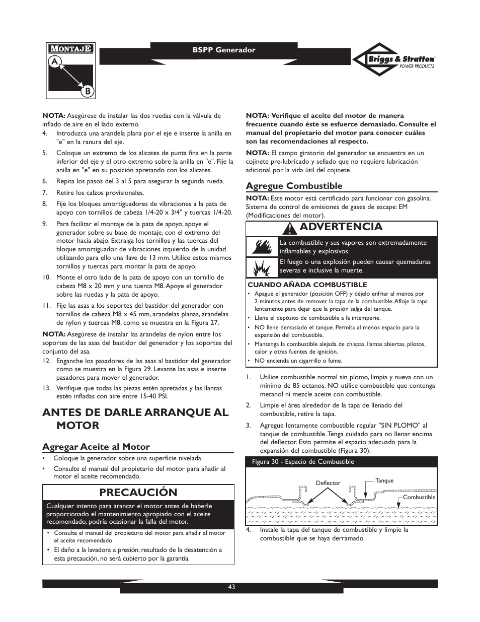 Antes de darle arranque al motor, Precaución, Advertencia | Agregar aceite al motor, Agregue combustible | Briggs & Stratton PRO6500 User Manual | Page 43 / 56