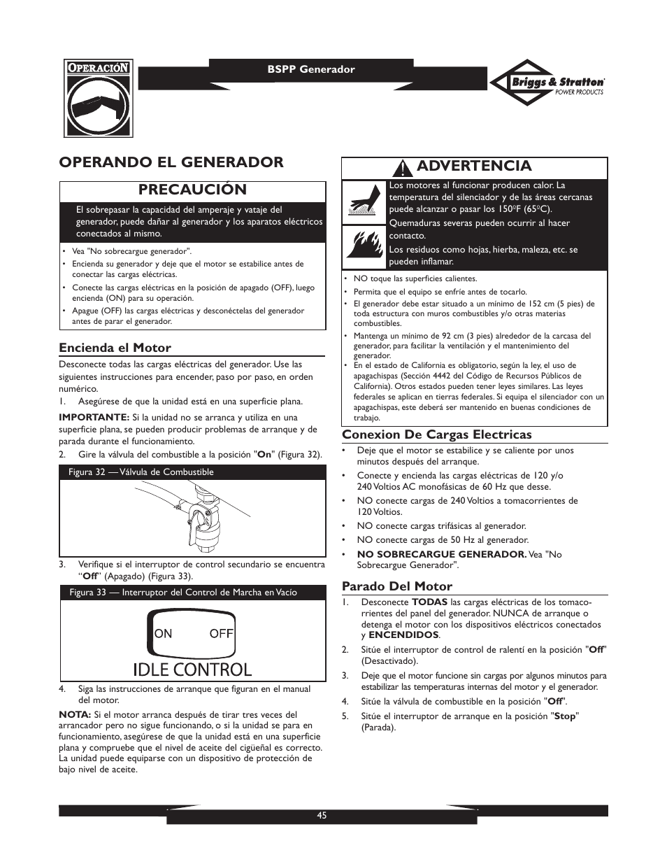 Operando el generador, Precaución, Advertencia | Encienda el motor, Conexion de cargas electricas, Parado del motor | Briggs & Stratton PRO6500 User Manual | Page 45 / 56