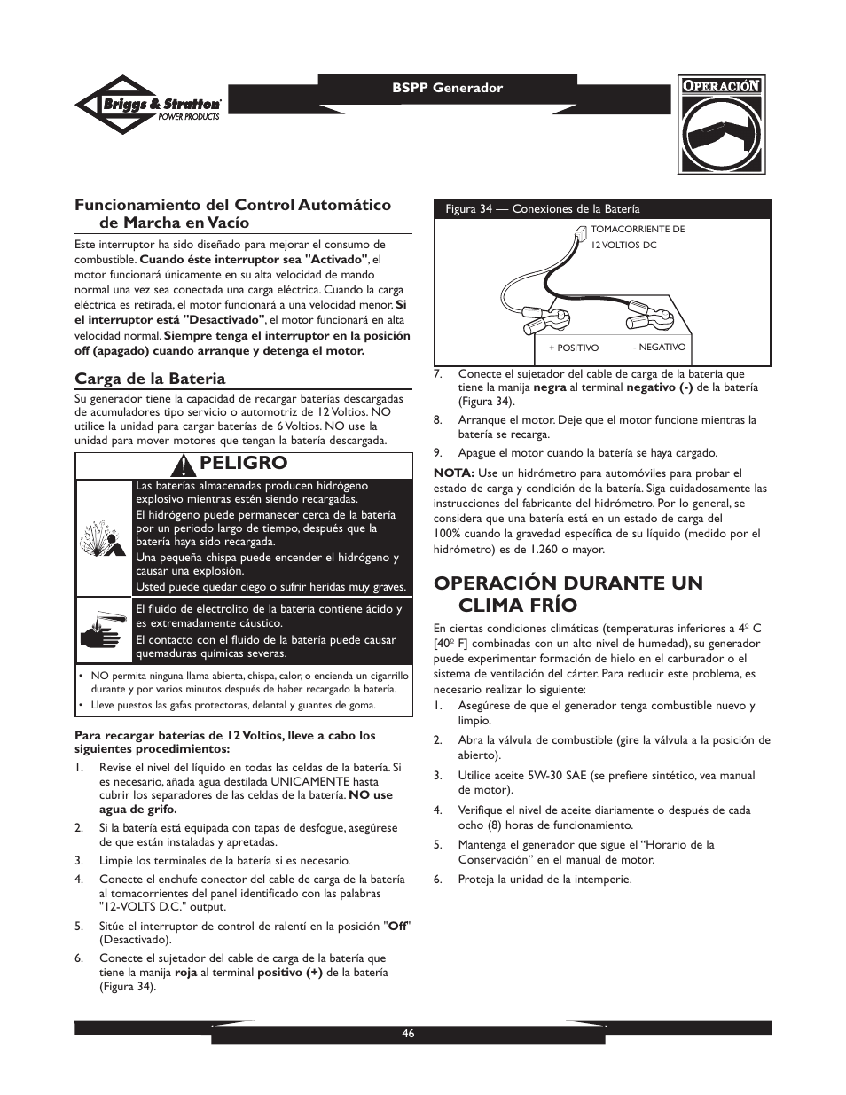 Operación durante un clima frío, Peligro, Carga de la bateria | Briggs & Stratton PRO6500 User Manual | Page 46 / 56