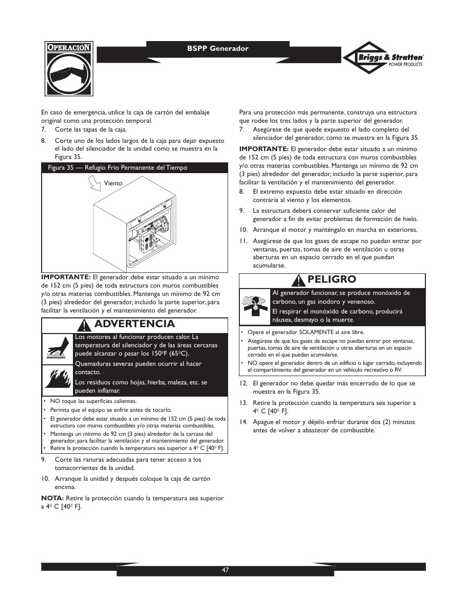 Advertencia, Peligro | Briggs & Stratton PRO6500 User Manual | Page 47 / 56