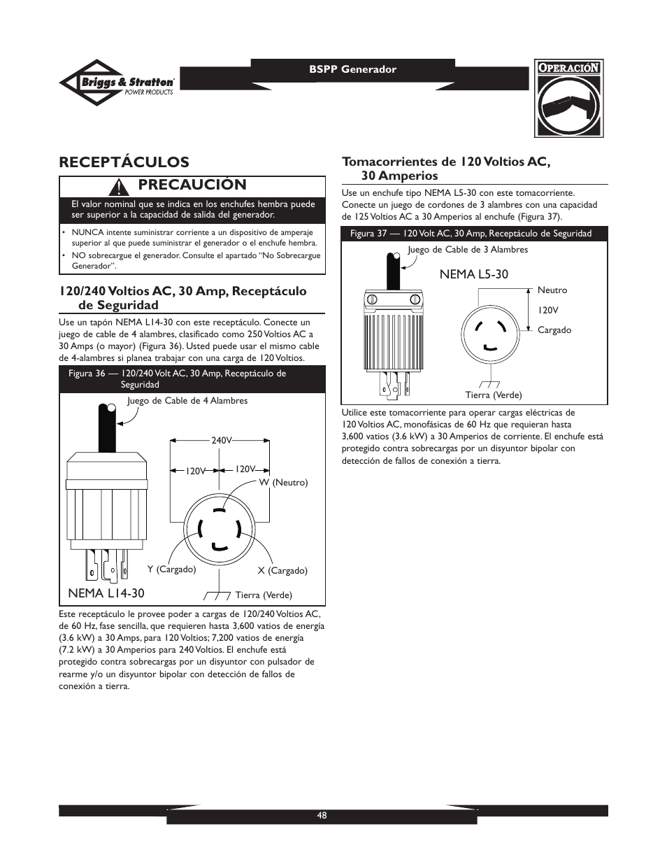 Receptáculos, Precaución | Briggs & Stratton PRO6500 User Manual | Page 48 / 56