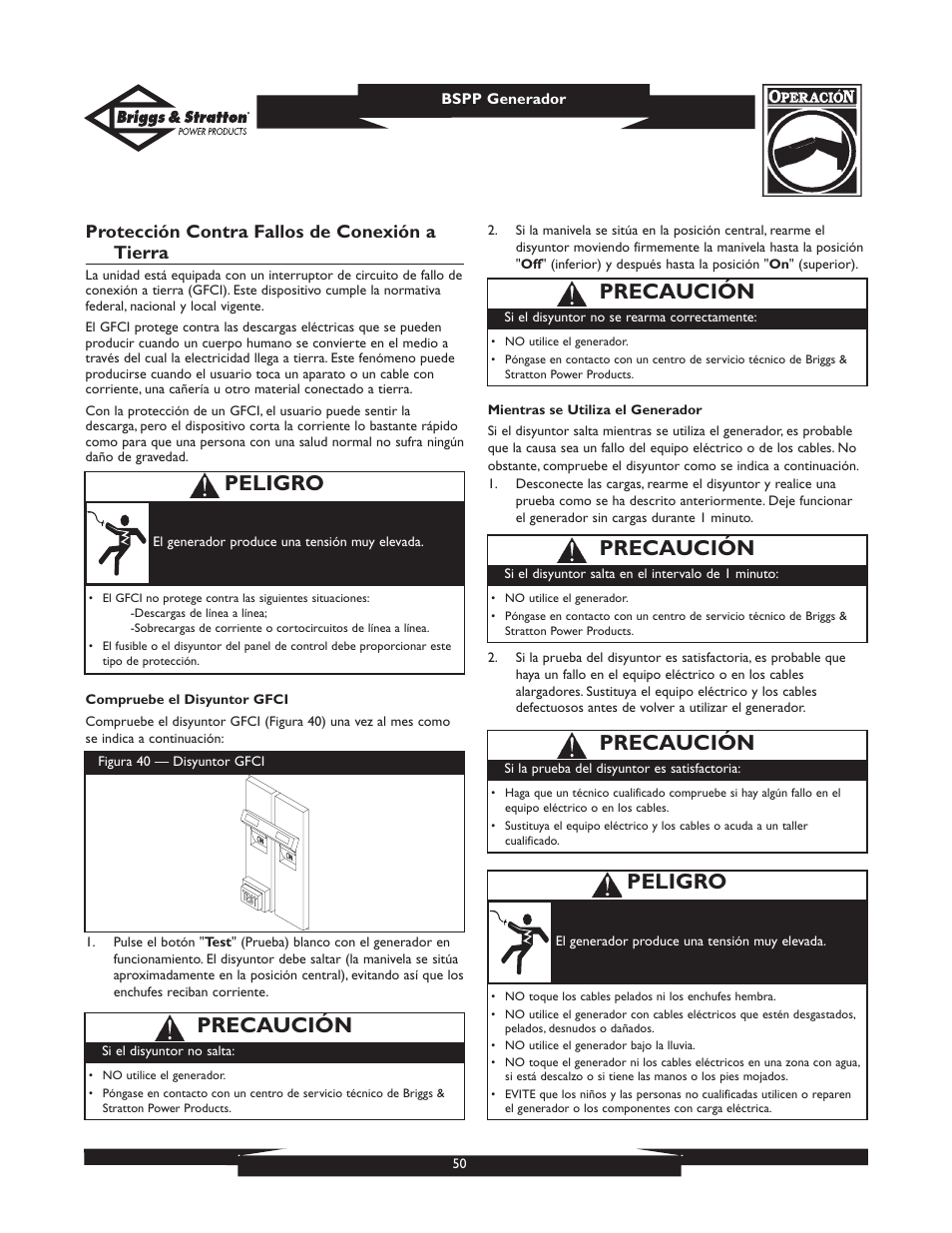 Peligro, Precaución, Protección contra fallos de conexión a tierra | Briggs & Stratton PRO6500 User Manual | Page 50 / 56