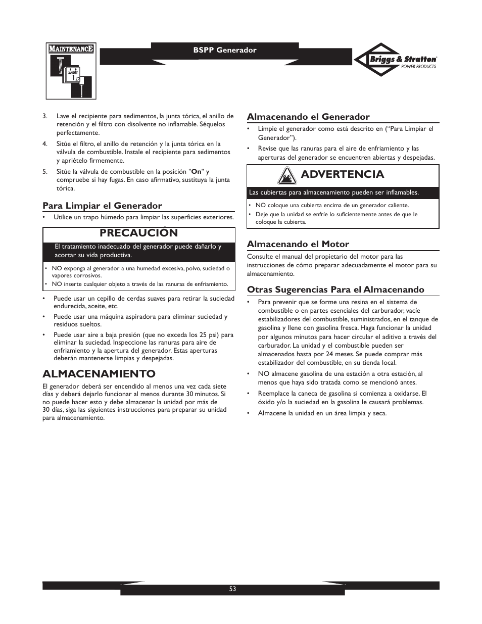 Almacenamiento, Precaución, Advertencia | Briggs & Stratton PRO6500 User Manual | Page 53 / 56