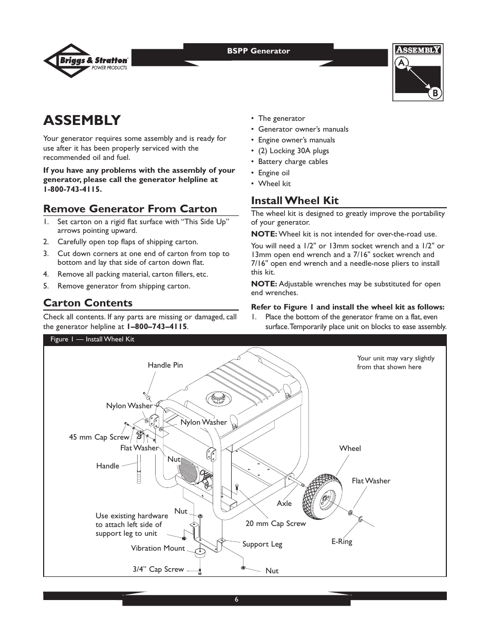 Assembly, Remove generator from carton, Carton contents | Install wheel kit | Briggs & Stratton PRO6500 User Manual | Page 6 / 56