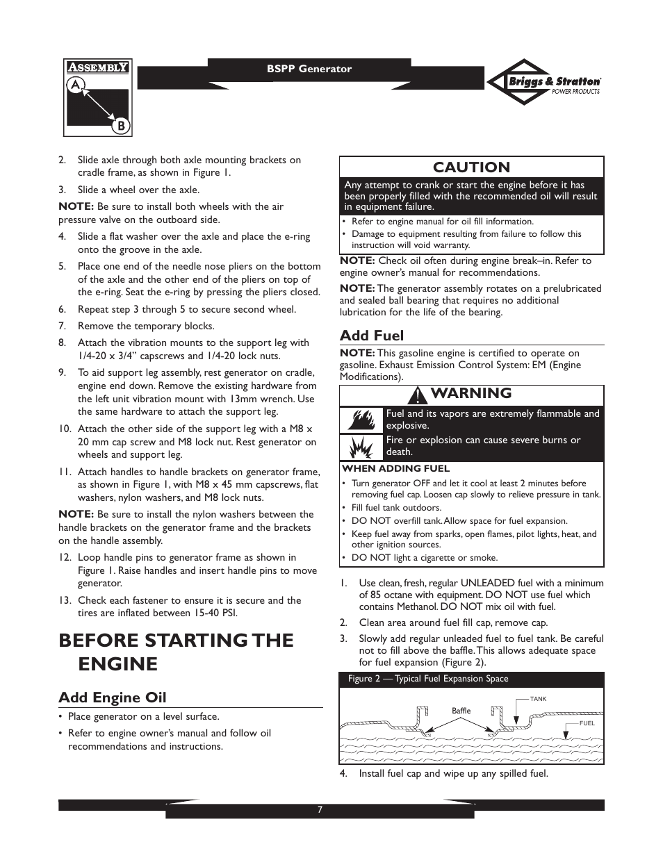 Before starting the engine, Add engine oil, Add fuel | Caution, Warning | Briggs & Stratton PRO6500 User Manual | Page 7 / 56