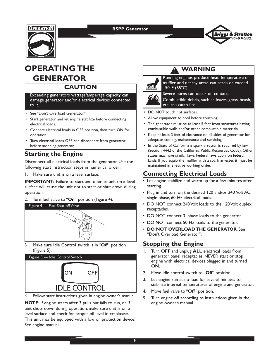 Operating the generator, Starting the engine, Connecting electrical loads | Stopping the engine, Caution, Warning | Briggs & Stratton PRO6500 User Manual | Page 9 / 56