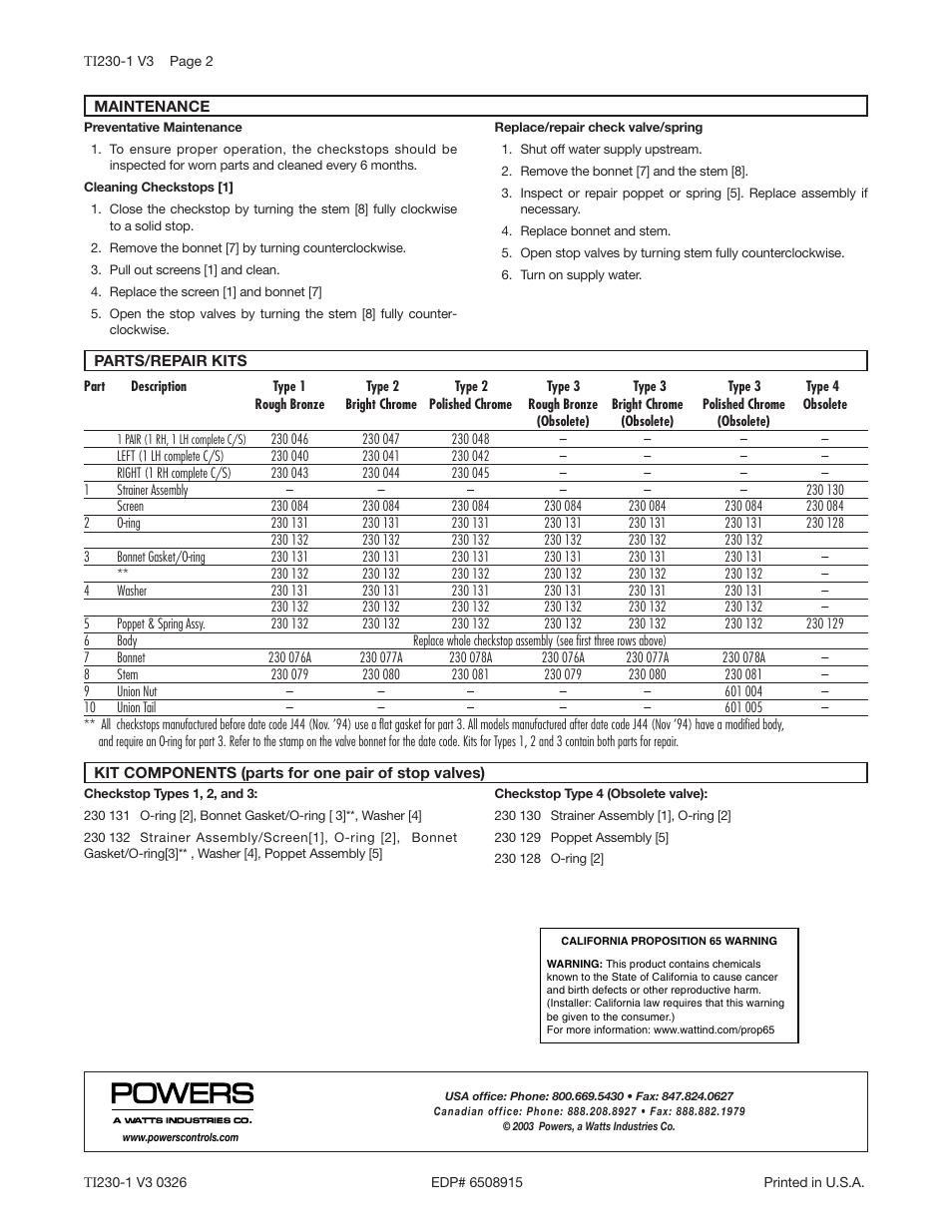 Powers HydroGuard Checkstops - Combo Strainer/Checkstop User Manual | Page 2 / 2