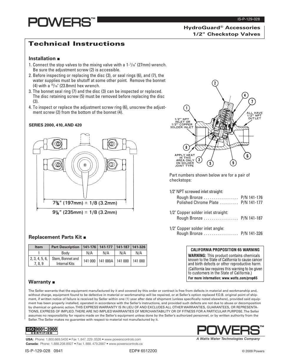 Powers HydroGuard Checkstops - CheckStop Valves User Manual | 1 page
