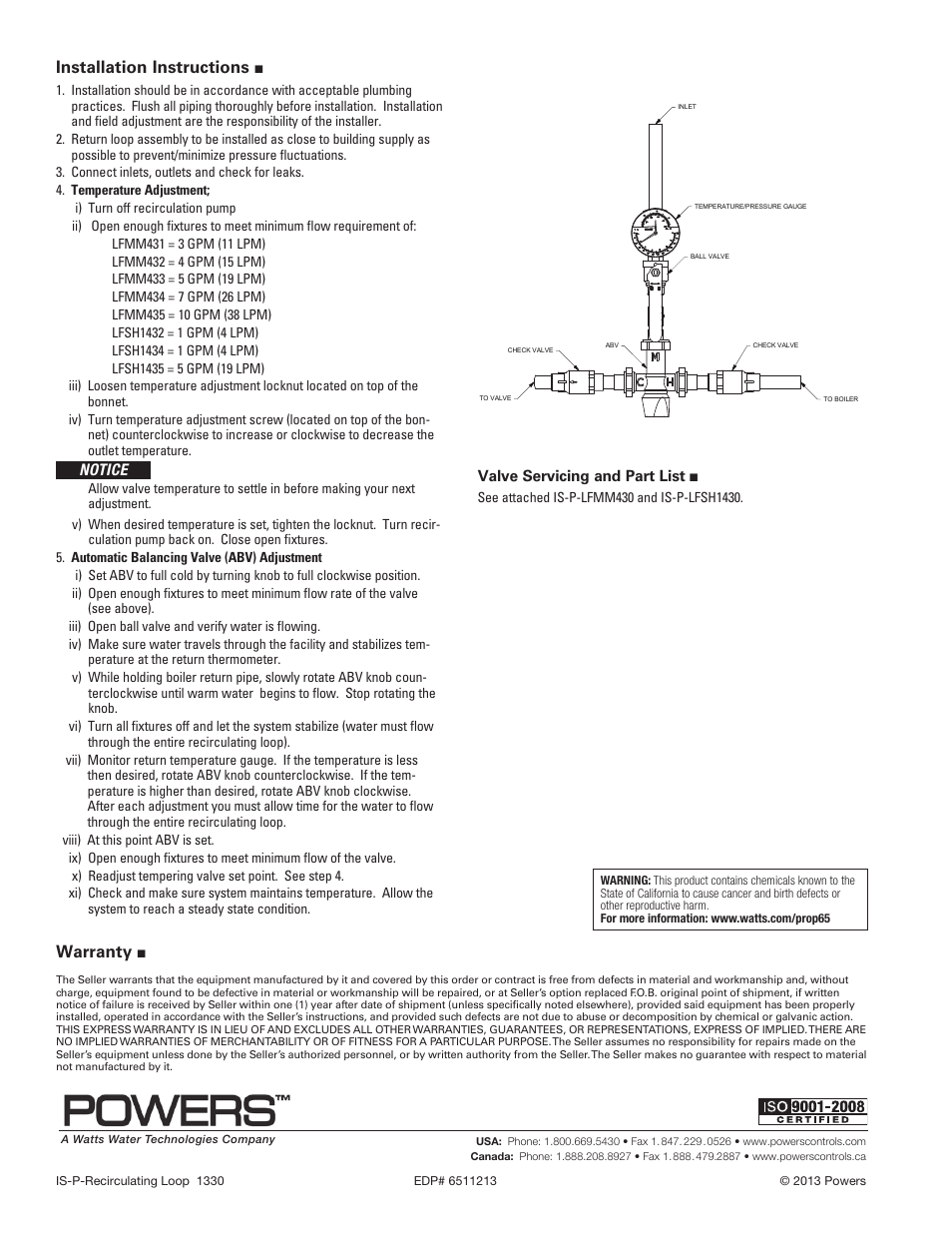 Installation instructions, Warranty, Notice | Powers HydroGuard Lead Free Water Tempering with Automatic Balancing System User Manual | Page 2 / 2