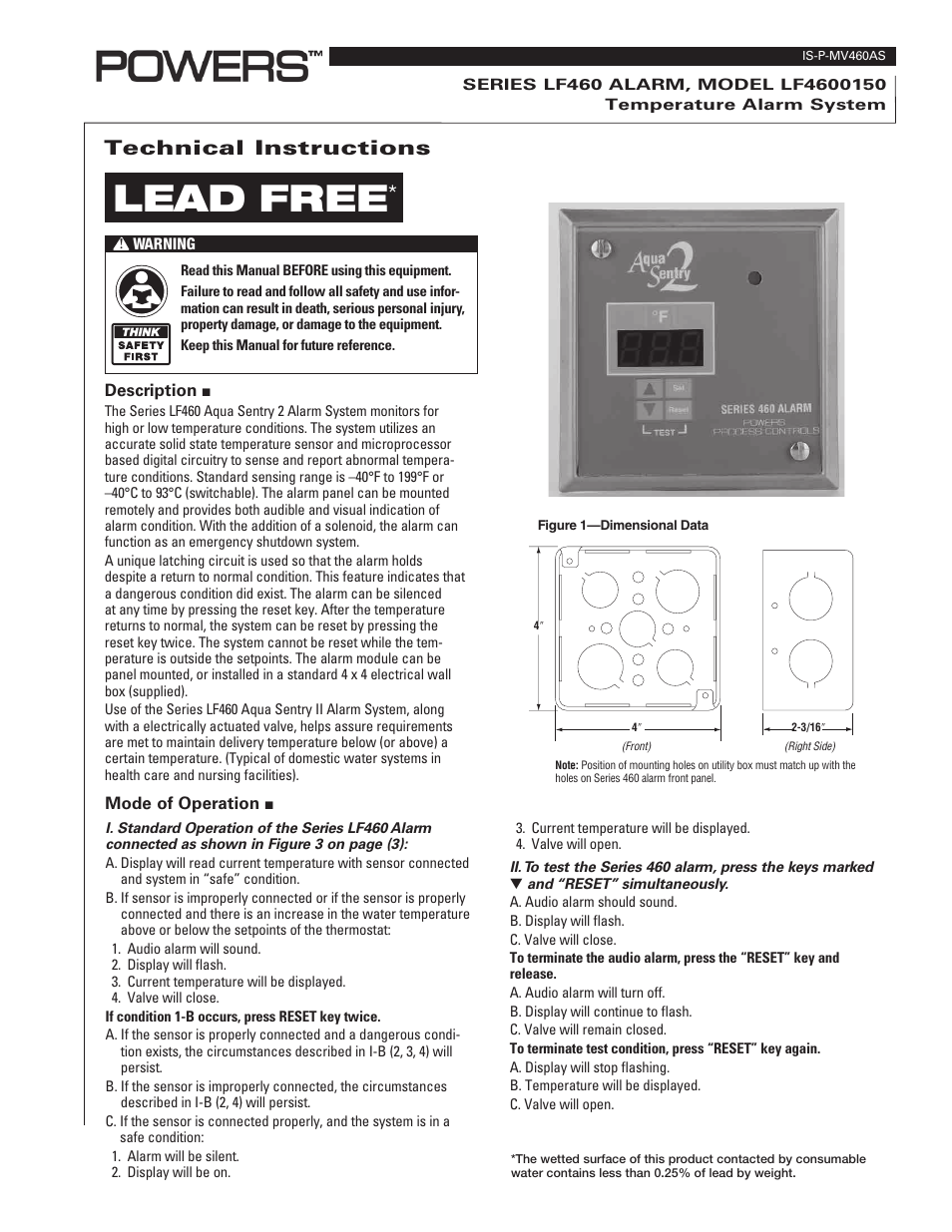Powers 460 Series AquaSentry 2 Temperature Alarm System User Manual | 4 pages