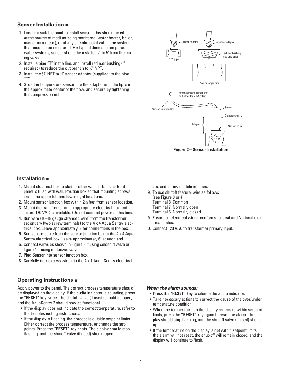Operating instructions, Installation, Sensor installation | Powers 460 Series AquaSentry 2 Temperature Alarm System User Manual | Page 2 / 4