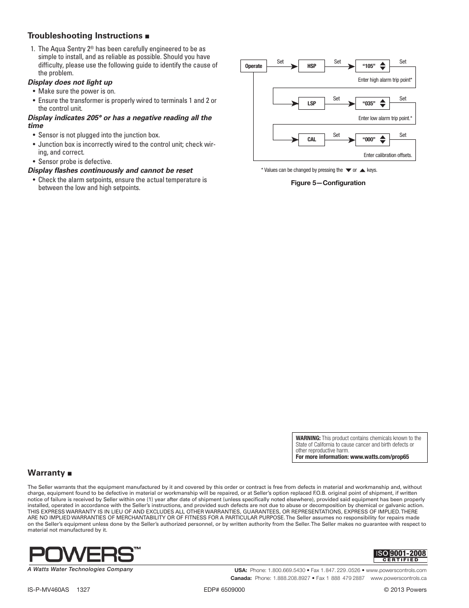 Warranty, Troubleshooting instructions | Powers 460 Series AquaSentry 2 Temperature Alarm System User Manual | Page 4 / 4