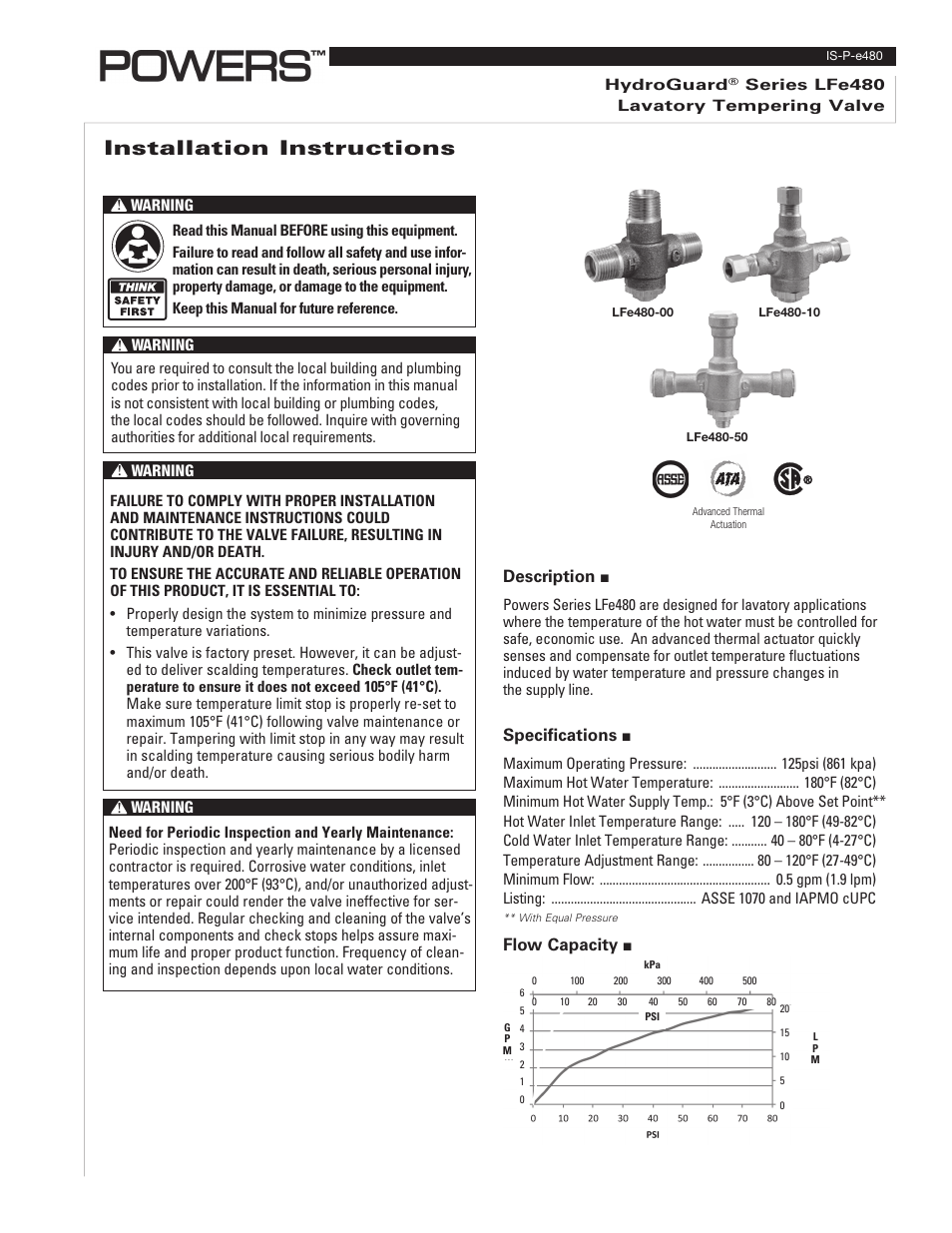 Powers e480 Series Under-the-Counter Combination Tempering Valves for Low Flow Control User Manual | 2 pages