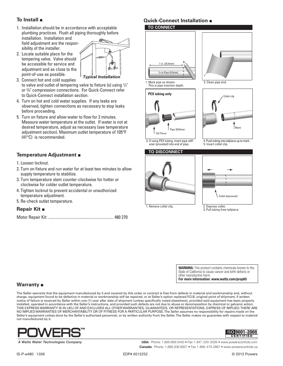 Temperature adjustment, Repair kit, Quick-connect installation | Warranty | Powers e480 Series Under-the-Counter Combination Tempering Valves for Low Flow Control User Manual | Page 2 / 2