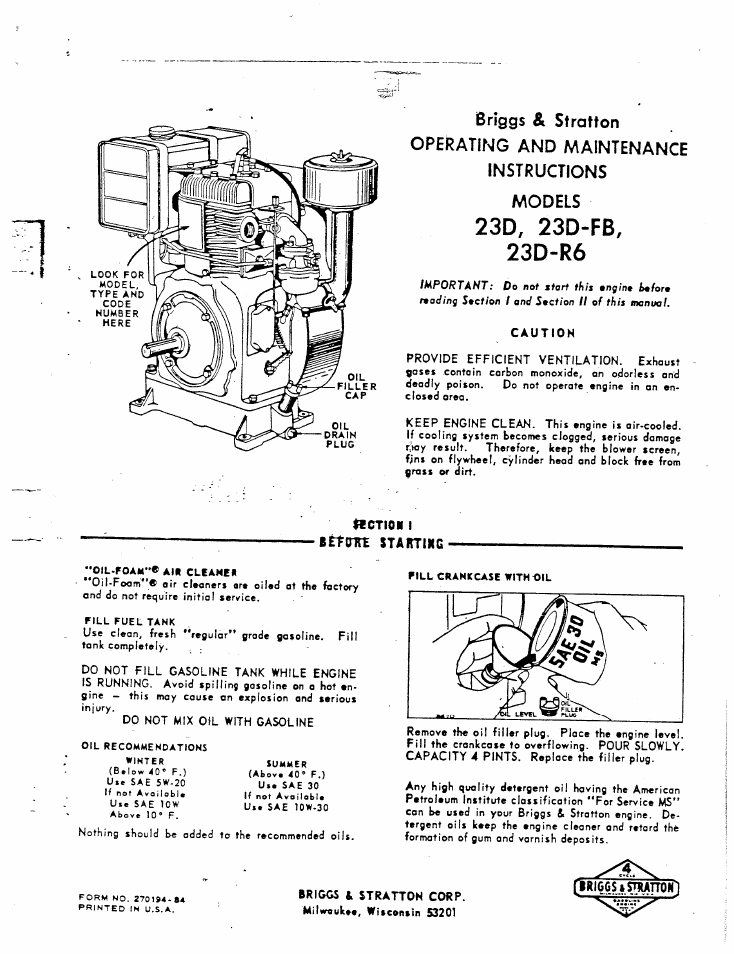 Briggs & Stratton 23D User Manual | 7 pages