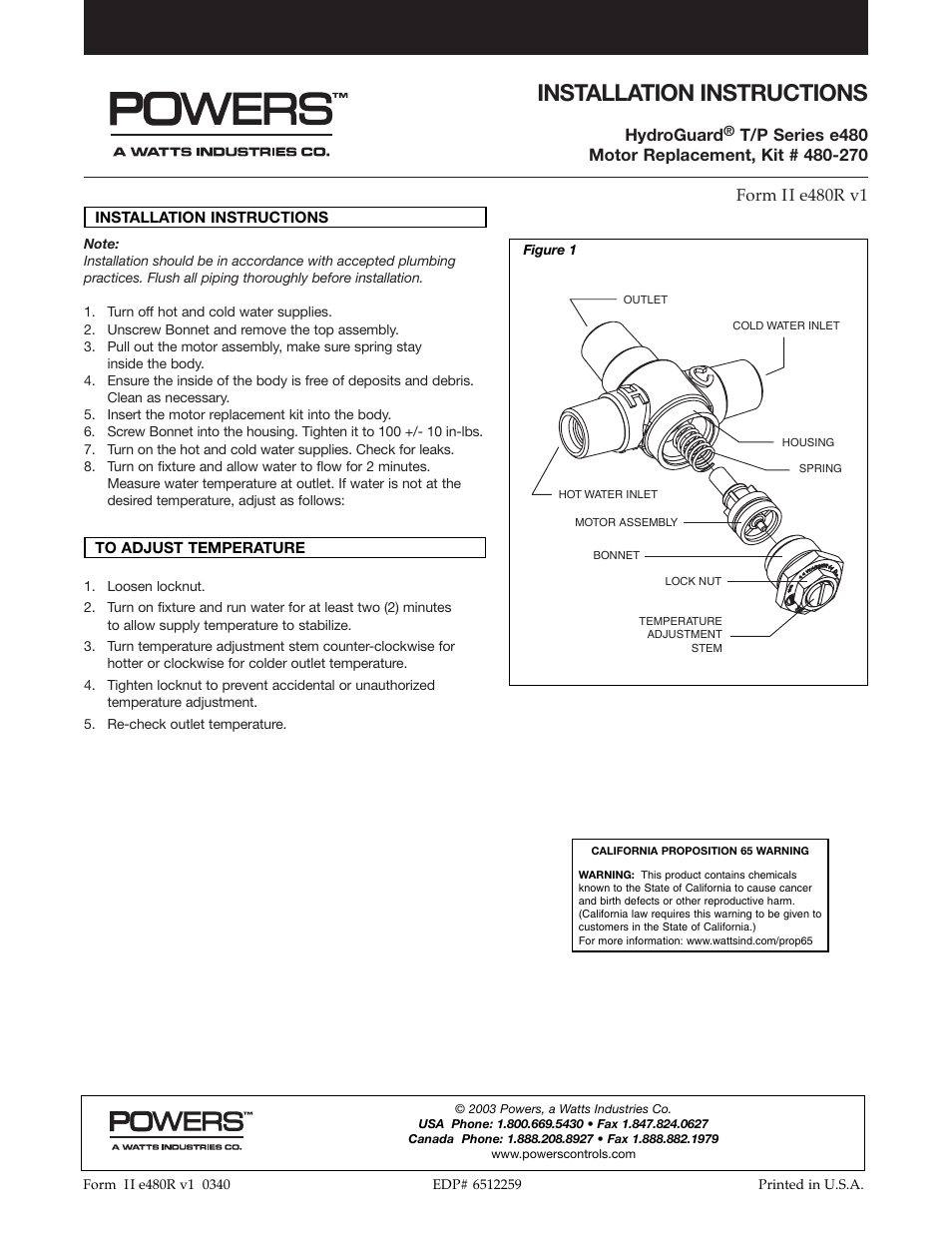 Powers e480 Series Under-the-Counter Combination Tempering Valves for Low Flow Control - Motor Replacement User Manual | 1 page